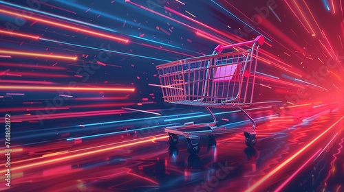 Shopping Cart in Dynamic Cyberpunk Setting
A shopping cart speeds through a vibrant cyberpunk landscape, symbolizing fast-paced consumerism in a digital age.
