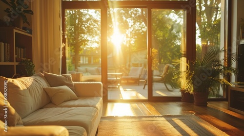 A living room with natural light streaming through energy-efficient windows, highlighting eco-friendly design.