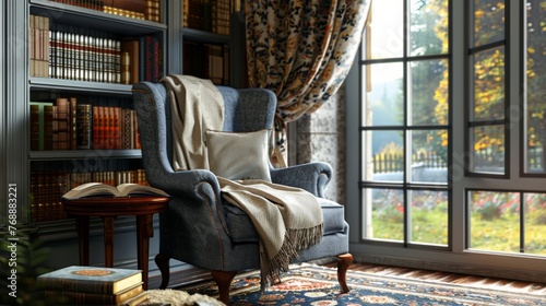 A reading nook with a comfortable chair and a book open on a side table, a perfect spot for solitude. 