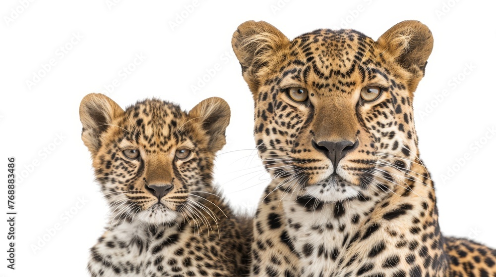 Fototapeta premium Male leopard and cub portrait with space for text, object on side, ideal for detailed captions