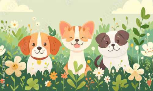 An adorable illustration of smiling cartoon pets, including dogs and cats, surrounded by spring flowers in a lush garden. © khonkangrua