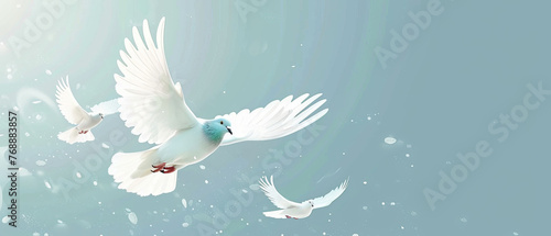 A solitary white dove glides with outspread wings in a misty blue sky, evoking freedom and peace. photo