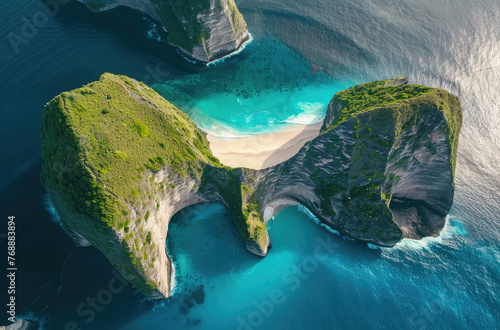 High angle view of Kelingking Beach in Nusa Penida, Indonesia. With its dramatic composition and colors
