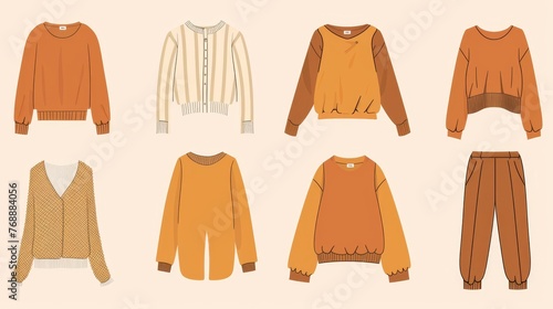 Warm, earth-toned vector clothing designs, blending minimalist fashion with primitive patterns and modern simplicity