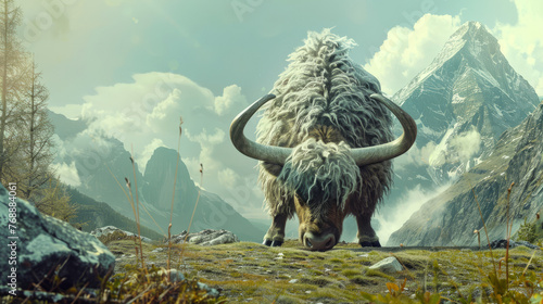 A grand, shaggy-haired yak stands amidst a majestic mountain landscape, evoking a sense of strength and endurance photo