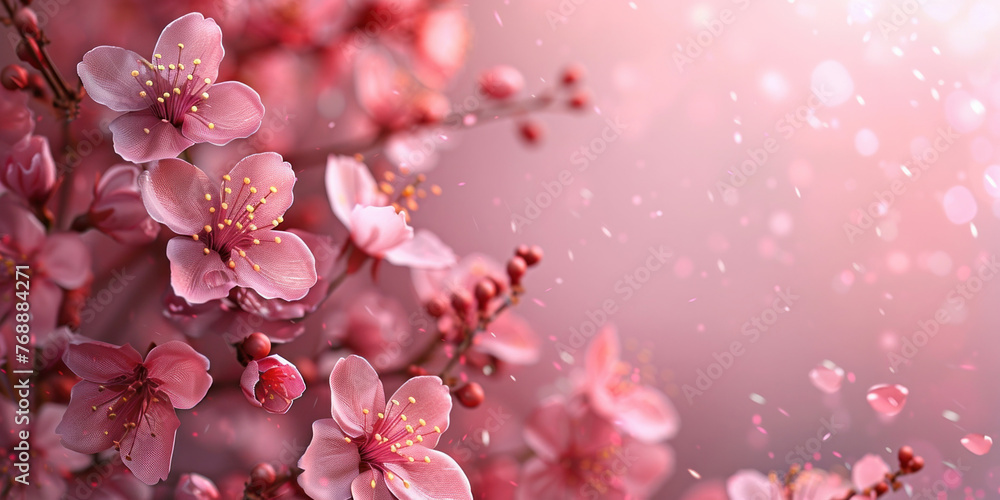 Beautiful pink cherry blossoms with water droplets on a soft pink background, floral nature background concept
