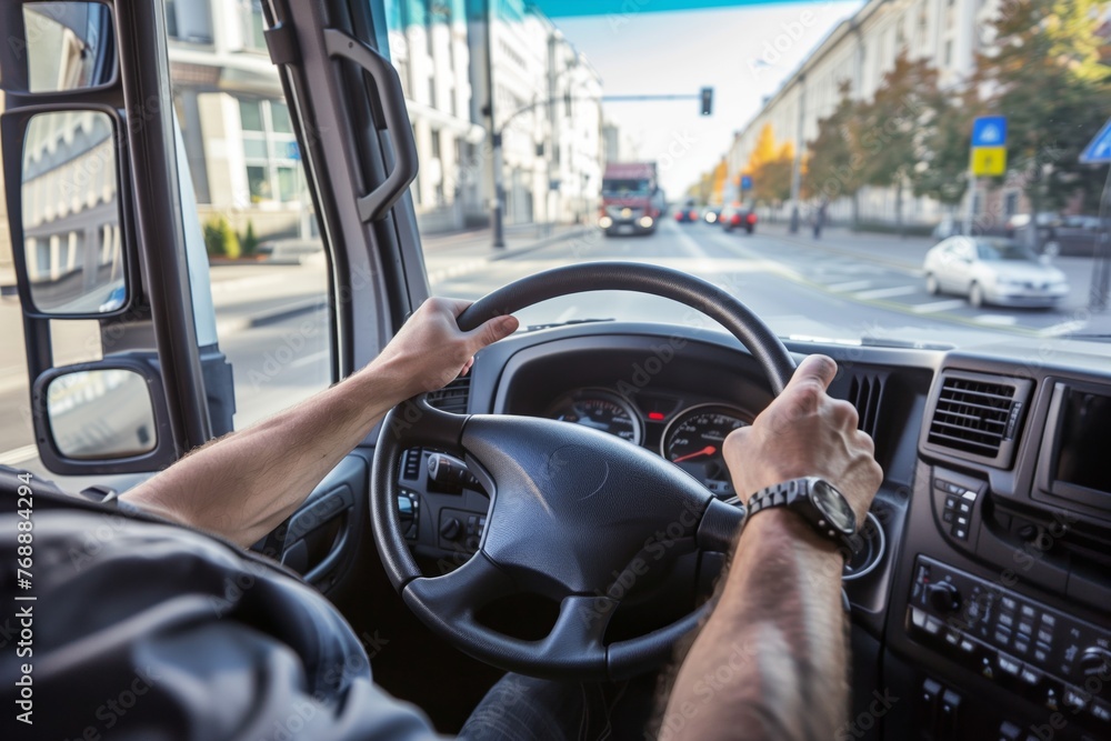 Naklejka premium truck driver with both hands on wheel in urban traffic