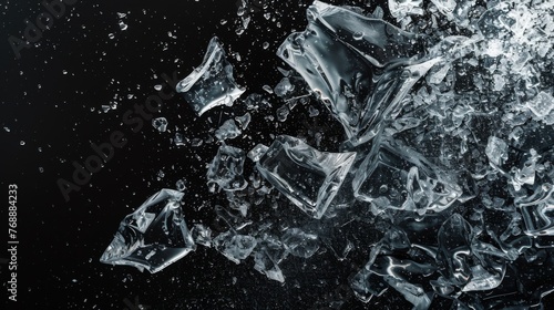 Ice water on a black background. Splash of broken crystals. Texture of shatter glass.