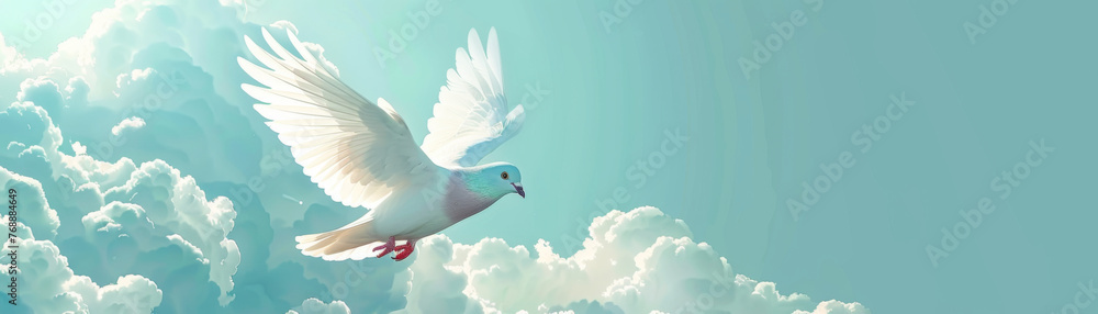 Obraz premium An elegant dove in motion, soaring through a vivid cloudscape with fluffy clouds, symbolizing peace and tranquility in nature.