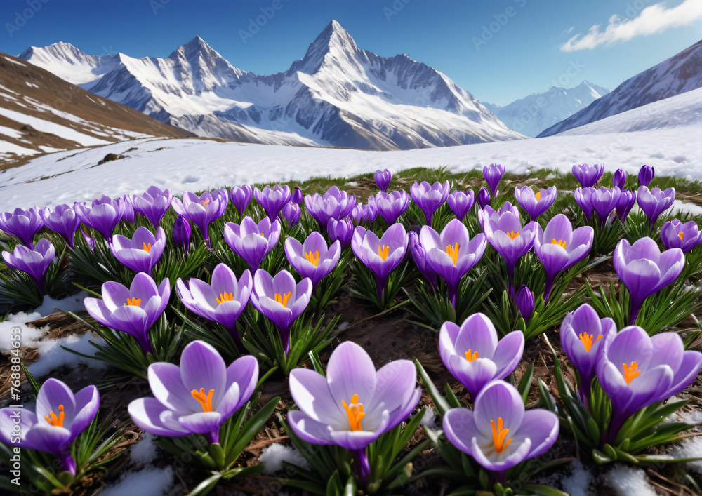 clearing of blooming purple crocuses, snowy mountains in the background