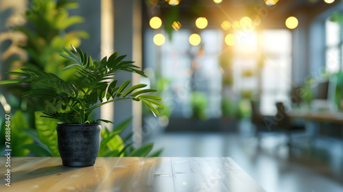 Blurred office interior background with panoramic windows and light from the window with green plant. Blurred office space with a business concept banner template 