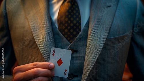 Ace card comes out of man suit's jacket pocket. exclusive profit and advantage. Method or tactic of manipulation. photo