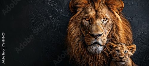 Majestic male lion and lion cub portrait with ample text room  object placed on the right side