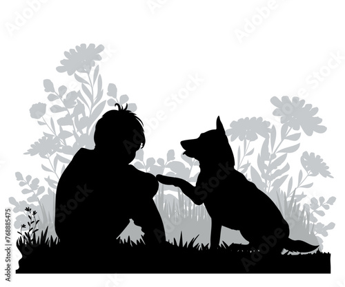 Children and pets silhouettes on white background. Little boy plays with dog. Vector illustration