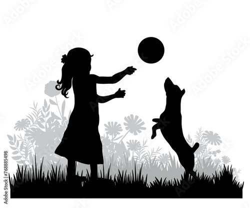 Children and pets silhouettes on white background. Little girl plays with dog and ball. Vector illustration.   © Евгений Горячев