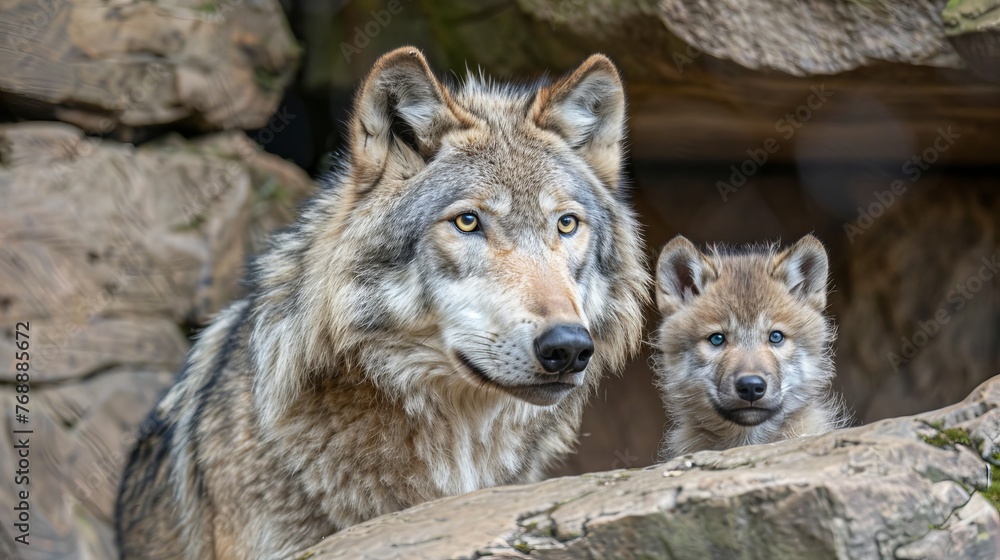 Majestic male wolf and adorable cub portrait, space for text, object on the side Majestic male wolf and adorable cub portrait, space for text, object on the side