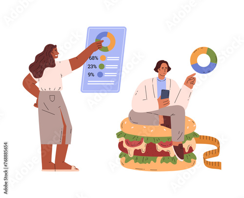 Vector illustration of a man and a girl with an infographic about unhealthy nutrition with bright diagrams