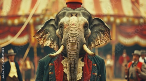 A magnificent circus elephant dressed in performance attire commands the center ring  with performers and spectators all around.