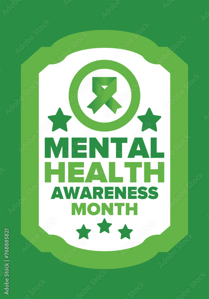 Mental Health Awareness Month in May. Annual campaign in United States. Raising awareness of mental health. Control and protection. Prevention campaign. Medical health care design. Vector illustration Mental Health Awareness Month in May. Annual campaign in United States. Raising awareness of mental health. Control and protection. Prevention campaign. Medical health care design. Vector illustration