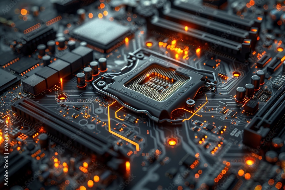 Immerse yourself in the artistry of a realistic depiction of a motherboard, showcasing intricate circuit patterns and components with meticulous detail Immerse yourself in the artistry of a realistic depiction of a motherboard, showcasing intricate circuit patterns and components with meticulous detail