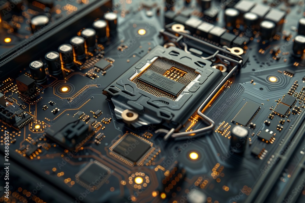Immerse yourself in the artistry of a realistic depiction of a motherboard, showcasing intricate circuit patterns and components with meticulous detail Immerse yourself in the artistry of a realistic depiction of a motherboard, showcasing intricate circuit patterns and components with meticulous detail