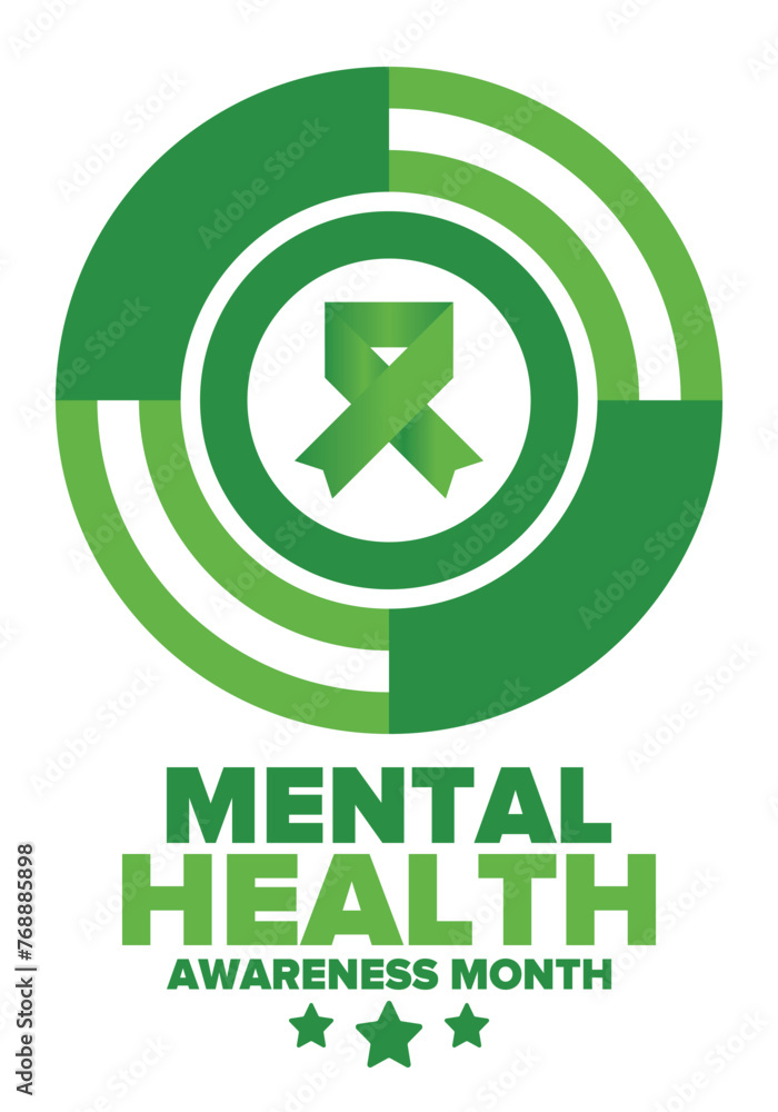 Mental Health Awareness Month in May. Annual campaign in United States. Raising awareness of mental health. Control and protection. Prevention campaign. Medical health care design. Vector illustration Mental Health Awareness Month in May. Annual campaign in United States. Raising awareness of mental health. Control and protection. Prevention campaign. Medical health care design. Vector illustration