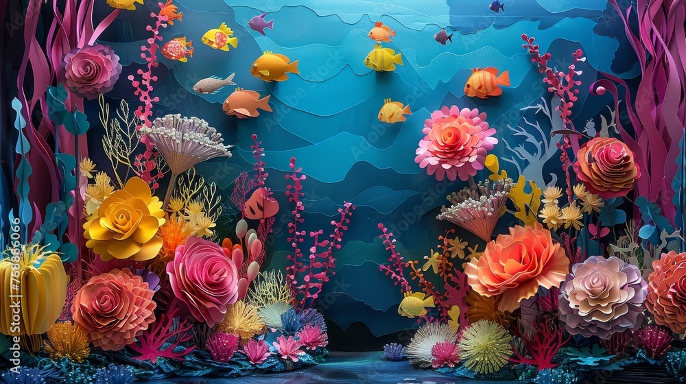 Intricate paper art depicting a lively coral reef environment with colorful tropical fish swimming amongst the flora, demonstrating exquisite paper crafting skill.