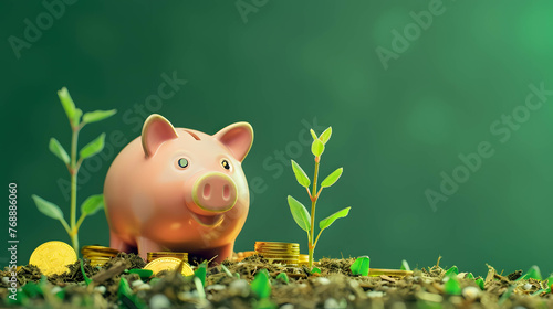 Piggy bank and money growth from savings and investments, Returns from saving money, investing in stocks, investing in funds. Green background with copy space