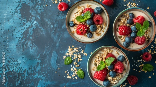 Fresh and nutritious yogurt bowls topped with a variety of berries and granola, garnished with mint leaves, perfect for a wholesome breakfast or snack.