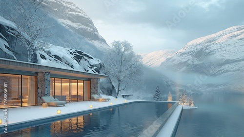 Surrounded by a tranquil winter landscape, an opulent outdoor leisure area of an eco-hotel located in the Norwegian fjords.