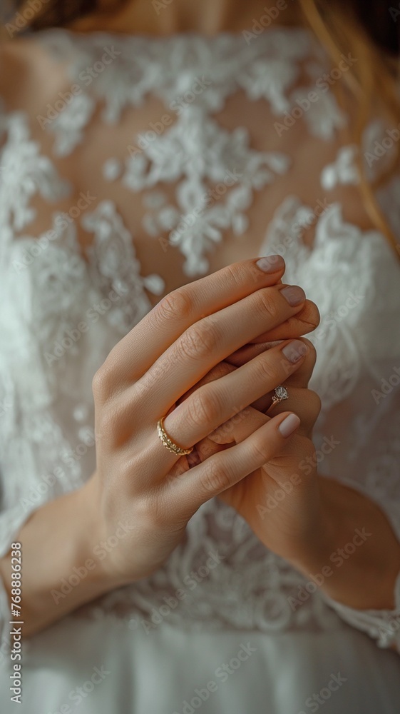 Ring-wielding bride's hands up close. a wedding band Ring-wielding bride's hands up close. a wedding band