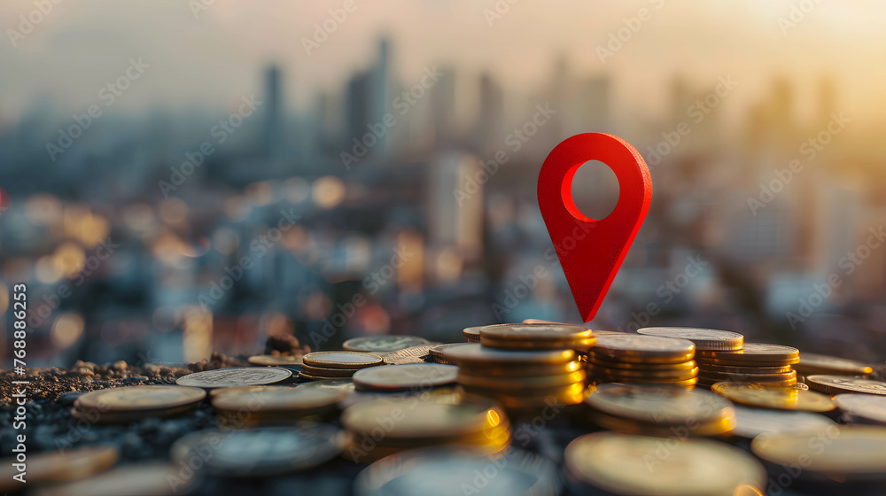 Pin icon and stack of coin on land area waiting to be sold, investing in real estate and land to create returns concept, demand for purchasing land in a good location - obrazy, fototapety, plakaty 