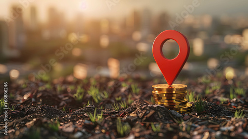 Pin icon and stack of coin on land area waiting to be sold, investing in real estate and land to create returns concept, demand for purchasing land in a good location
