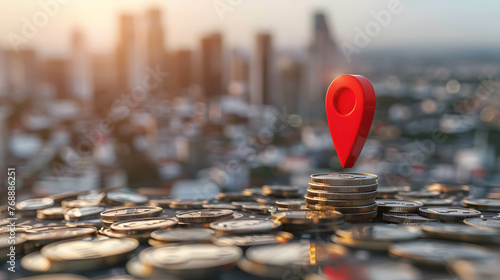 Pin icon and stack of coin on land area waiting to be sold, investing in real estate and land to create returns concept, demand for purchasing land in a good location photo