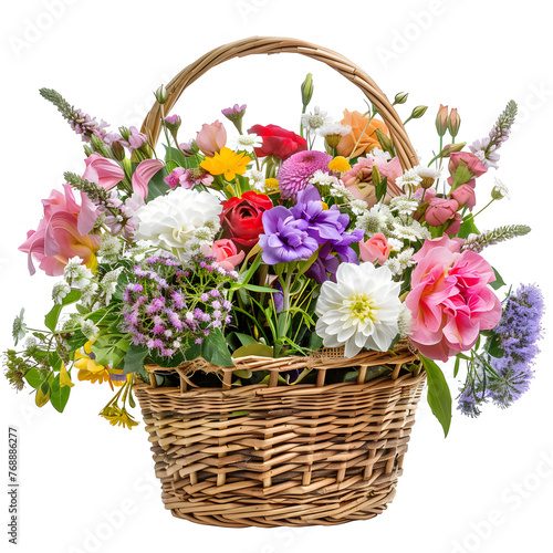 Basket of fresh flowers from a garden isolated on white background, vintage, png  © Никита Жуковец