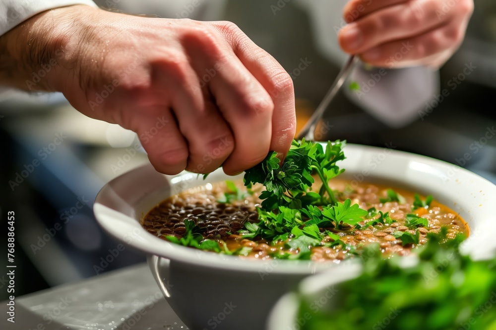chef garnishing lentil soup with parsley