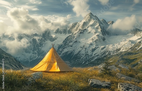 campaign carrying a tent through the mountains,