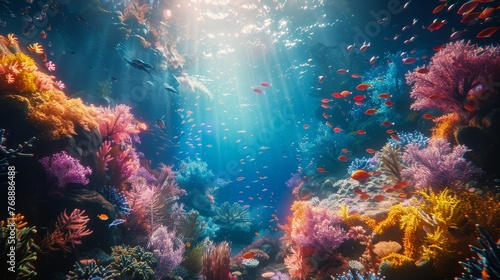 A mesmerizing scene of sunlight filtering through the water, highlighting the diverse and colorful coral landscape bustling with tropical fish.