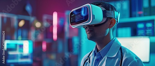 Using virtual reality technology and VR glasses, a doctor is providing a telemedicine consultation.