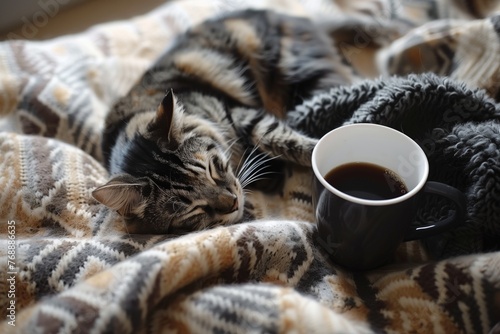 cup of coffee beside sleeping cat on a cozy blanket © studioworkstock
