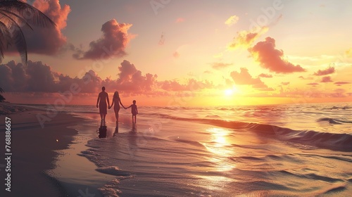 Happy family strolls hand in hand on paradise beach at sunset, enjoying summer vacation