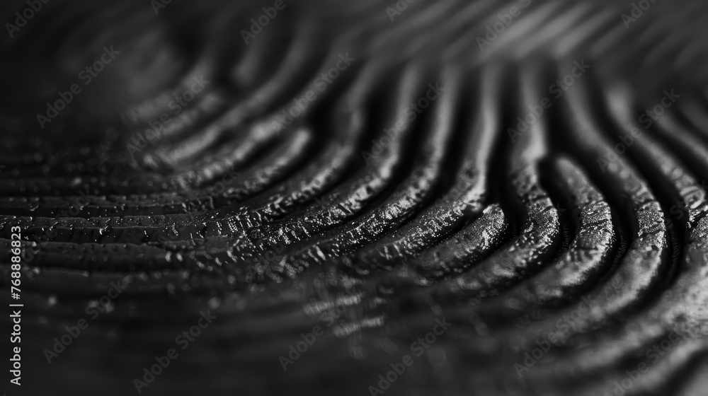 A close-up view of a black surface with wave-like textures, highlighting the play of light and shadow. - obrazy, fototapety, plakaty 