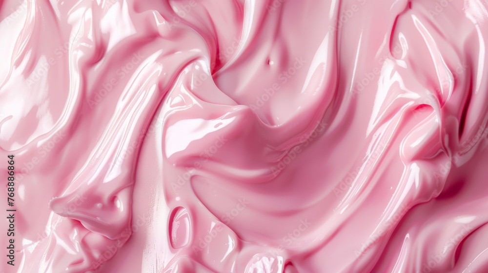 Obraz premium Texture of pink yogurt. Cosmetic strawberry cream. Body care lotion or soap. Milk mousse shake close up.