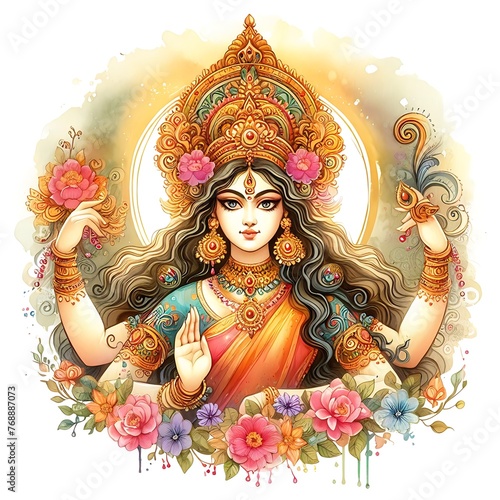 Chaitra Navratri Celebration: Watercolor Illustration Featuring Goddess Durga's Portrait