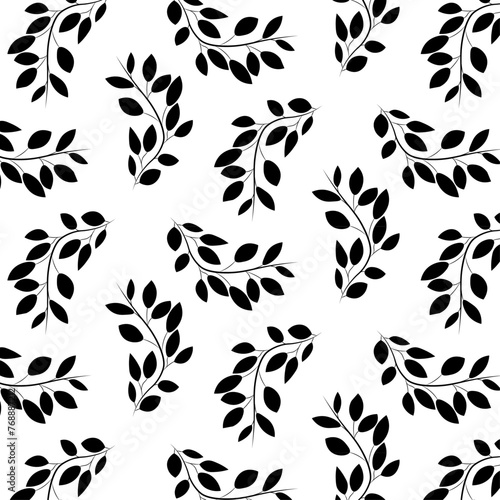 Seamless pattern branch with leaves. Branch silhouette on a white background. Vector illustration