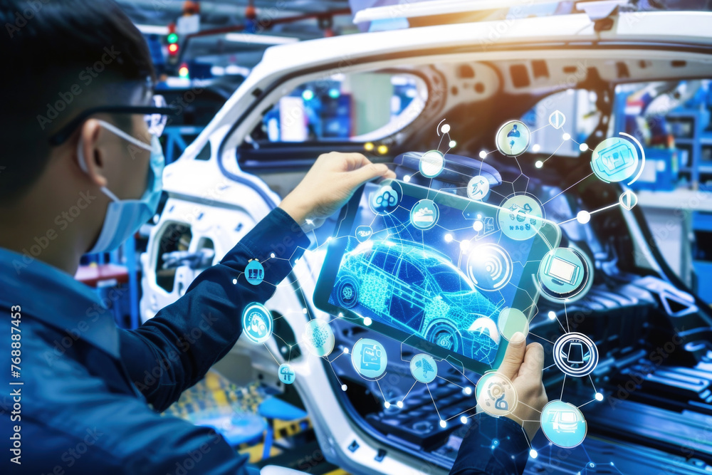 Industry engineer in factory using smart tablet device to control networking for auto industry. Smart industry 4.0 technology concept Industry engineer in factory using smart tablet device to control networking for auto industry. Smart industry 4.0 technology concept