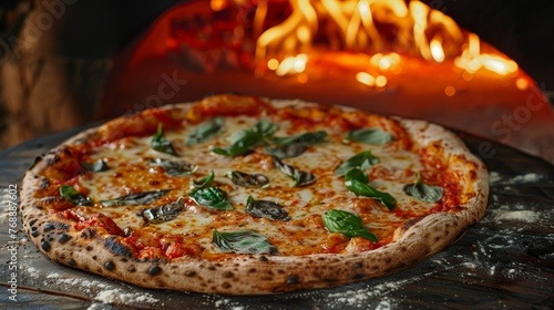 A perfectly charred Neapolitan pizza garnished with fresh basil leaves, basking in the glow of a blazing wood-fired oven.