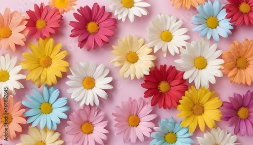 Multi-color daisy chamomile flowers wallpaper, background, Modern lifestyle, summer, spring concept. flat lay, top view. Ai Generate