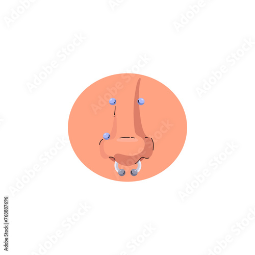 Nose with piercing in a round frame vector illustration.