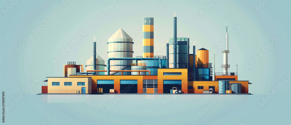 Artistic illustration of a colorful factory complex with diverse industrial buildings under a clear sky.